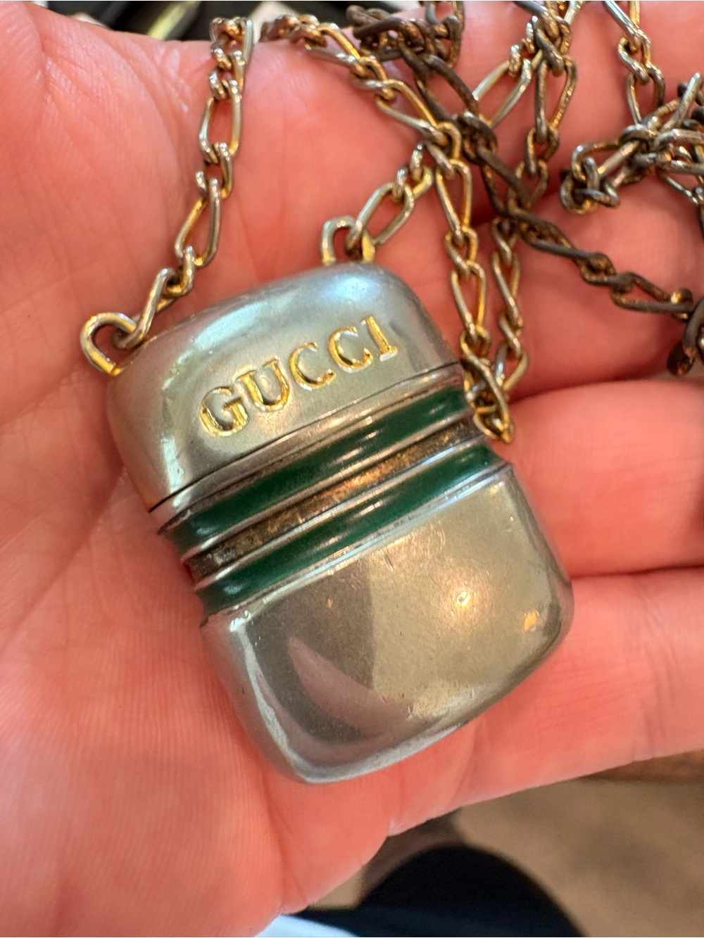 Gucci 1970’s! Silver tone and Green Enamel Pendant Necklace with COA